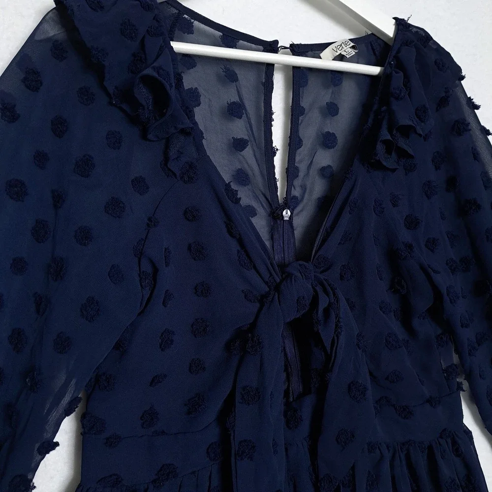Verte Mini Dress L Navy Blue Clip Dot Tie Front Ruffle Sheer Balloon Sleeve Boho